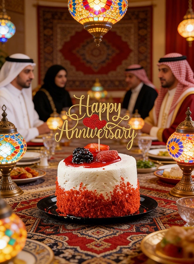 Happy Anniversary Gold Glitter Cake Topper with Red Hearts Premium Party Decoration for Wedding Anniversary Company Celebration Romantic Milestone Events Renewal of Vows Parents Anniversary Anniversary Dinner Parties - Image 5